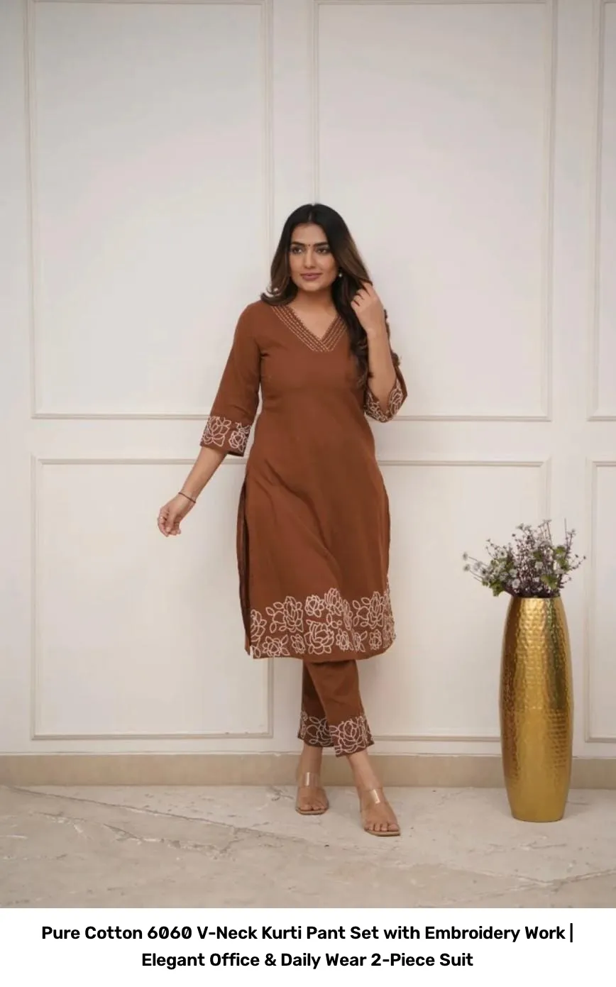 Pure Cotton 6060 V-Neck Kurti Pant Set with Embroidery Work | Elegant Office & Daily Wear 2-Piece Suit 16