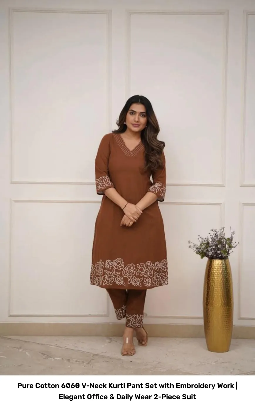 Pure Cotton 6060 V-Neck Kurti Pant Set with Embroidery Work | Elegant Office & Daily Wear 2-Piece Suit 17