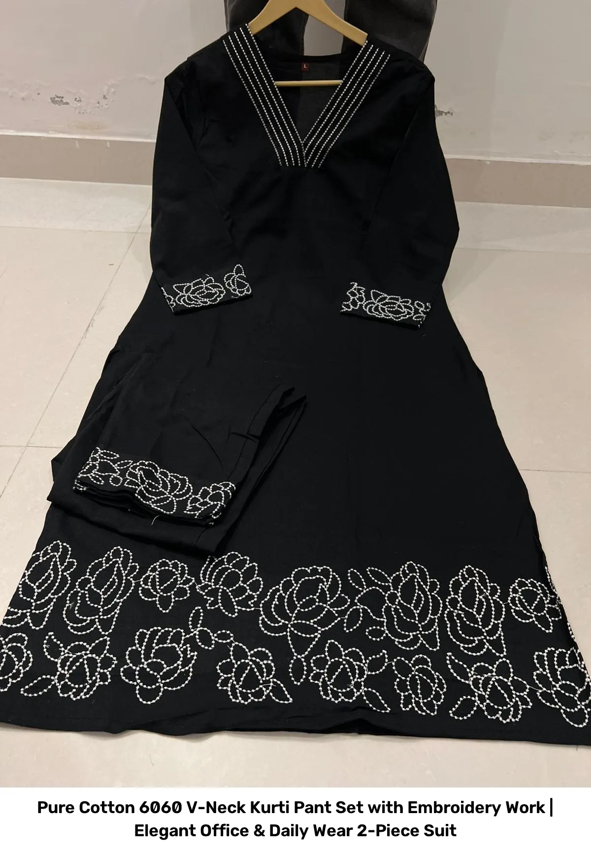 Pure Cotton 6060 V-Neck Kurti Pant Set with Embroidery Work | Elegant Office & Daily Wear 2-Piece Suit 19