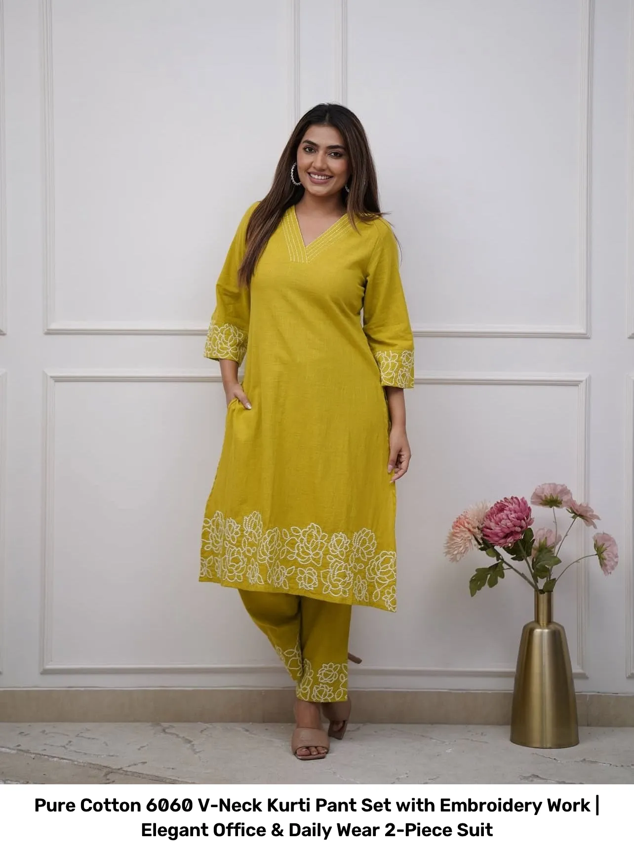 Pure Cotton 6060 V-Neck Kurti Pant Set with Embroidery Work | Elegant Office & Daily Wear 2-Piece Suit 2