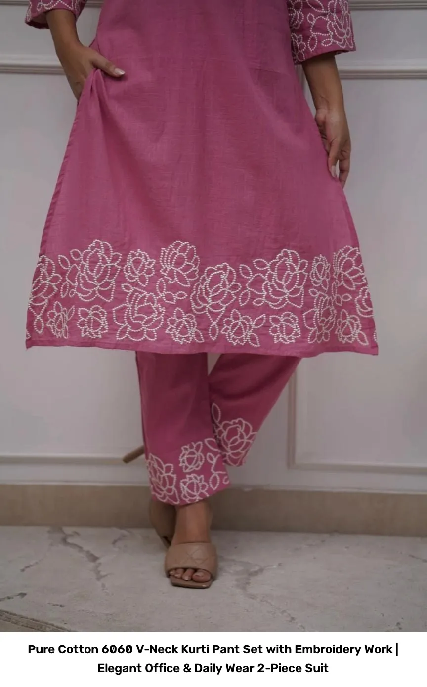 Pure Cotton 6060 V-Neck Kurti Pant Set with Embroidery Work | Elegant Office & Daily Wear 2-Piece Suit 20