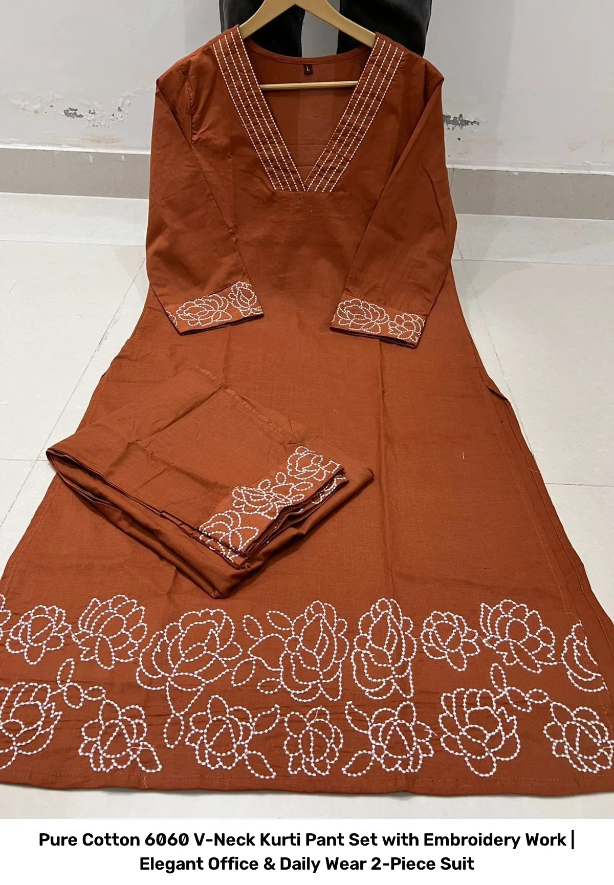 Pure Cotton 6060 V-Neck Kurti Pant Set with Embroidery Work | Elegant Office & Daily Wear 2-Piece Suit 22