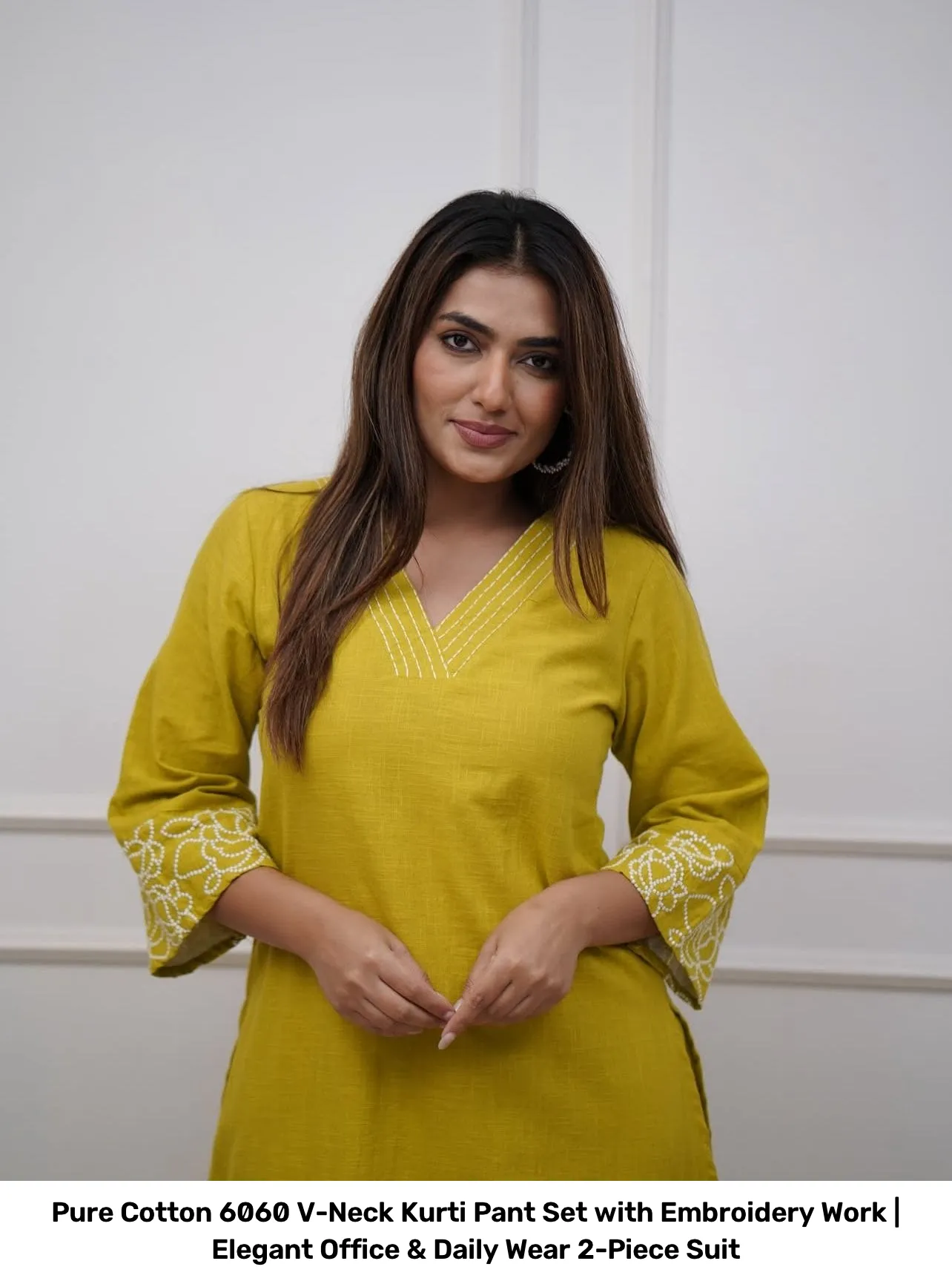 Pure Cotton 6060 V-Neck Kurti Pant Set with Embroidery Work | Elegant Office & Daily Wear 2-Piece Suit 23