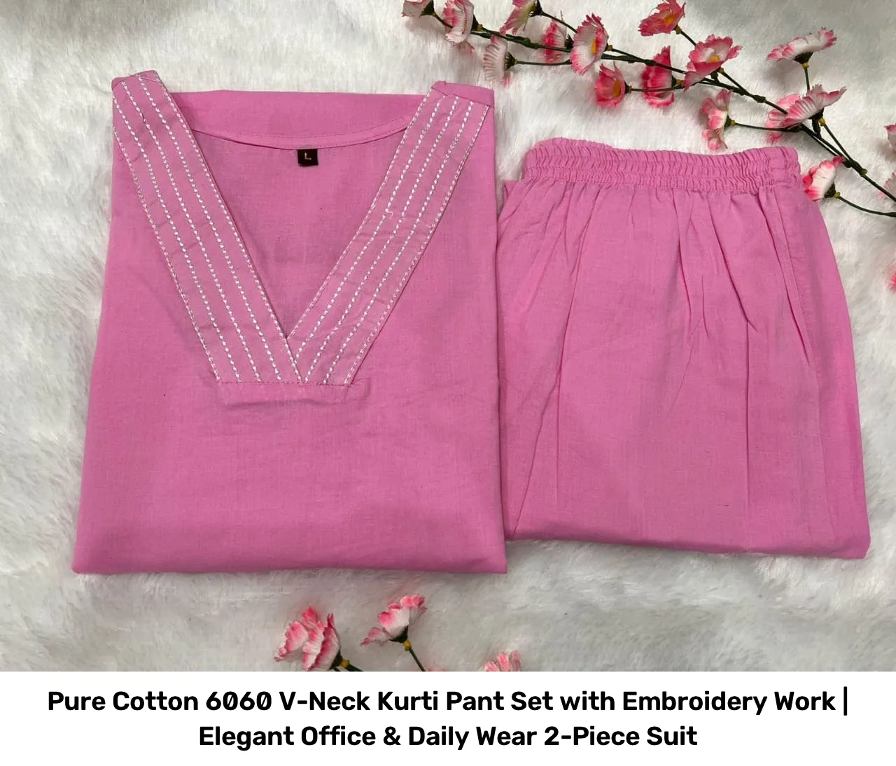 Pure Cotton 6060 V-Neck Kurti Pant Set with Embroidery Work | Elegant Office & Daily Wear 2-Piece Suit 24