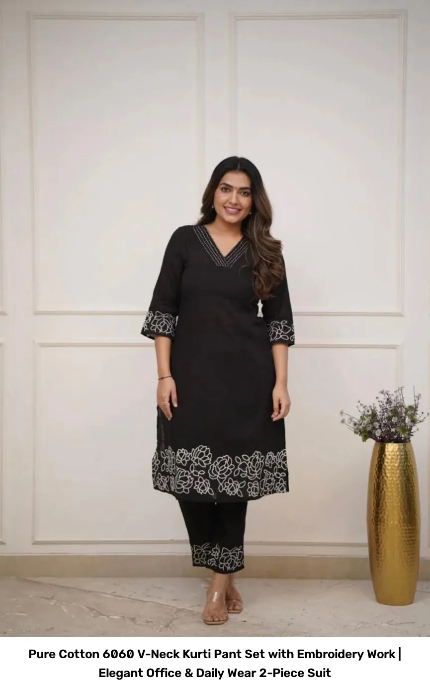 Pure Cotton 6060 V-Neck Kurti Pant Set with Embroidery Work | Elegant Office & Daily Wear 2-Piece Suit 25