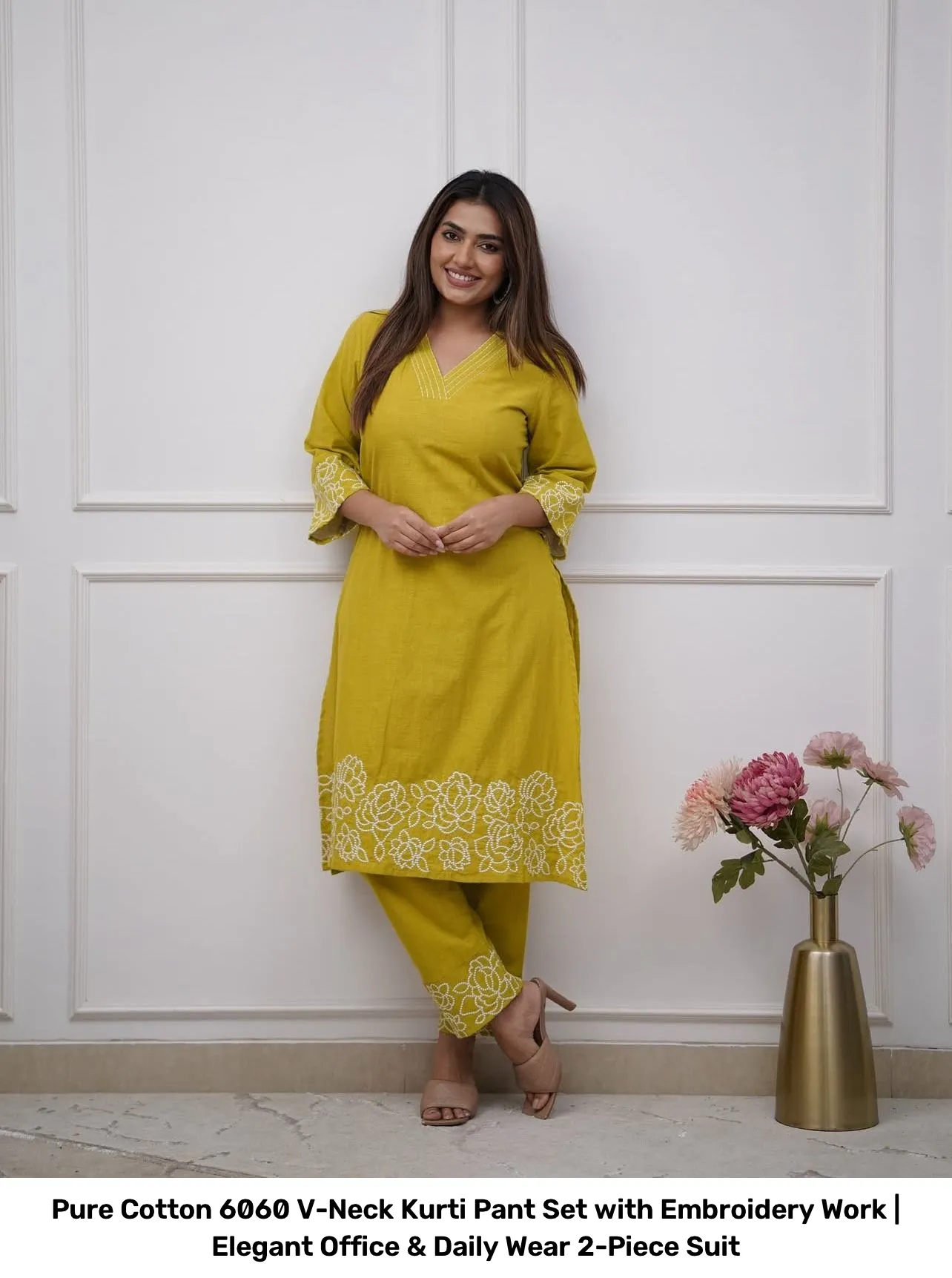 Pure Cotton 6060 V-Neck Kurti Pant Set with Embroidery Work | Elegant Office & Daily Wear 2-Piece Suit 4