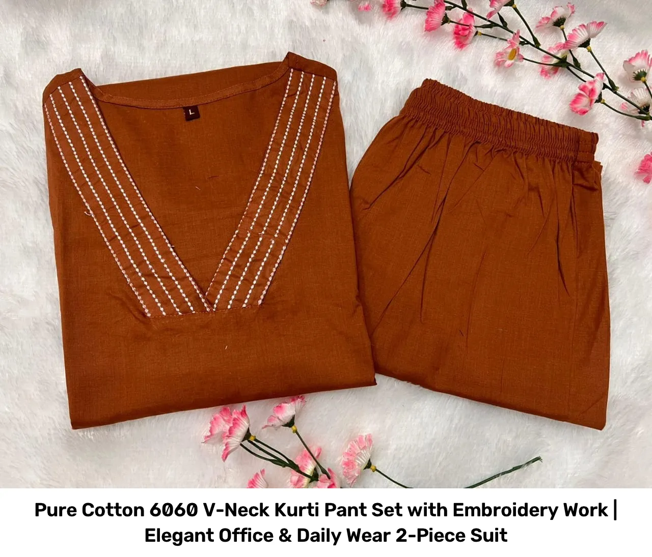 Pure Cotton 6060 V-Neck Kurti Pant Set with Embroidery Work | Elegant Office & Daily Wear 2-Piece Suit 6