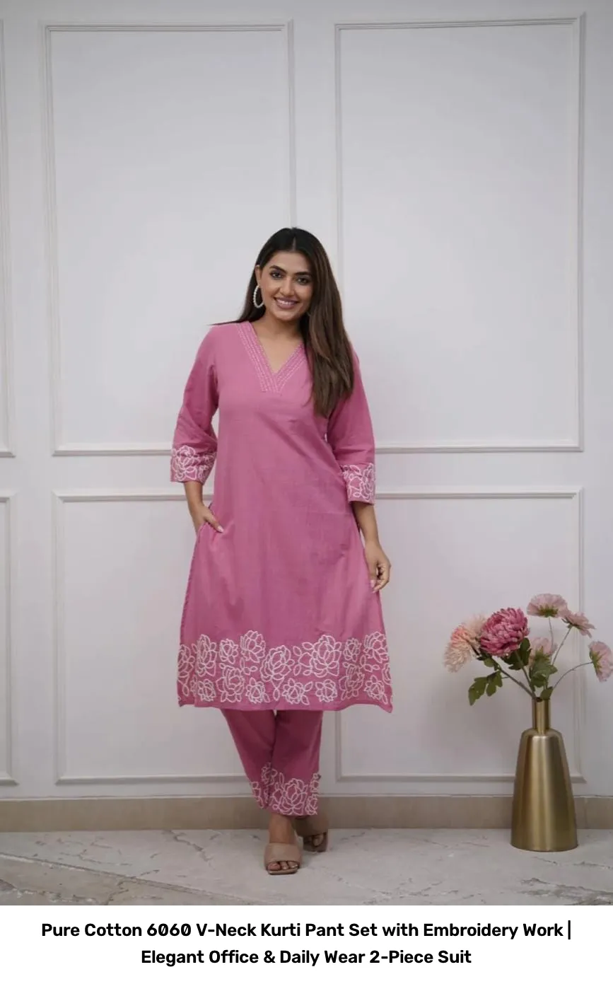 Pure Cotton 6060 V-Neck Kurti Pant Set with Embroidery Work | Elegant Office & Daily Wear 2-Piece Suit 8