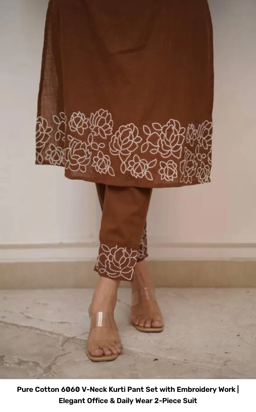 Pure Cotton 6060 V-Neck Kurti Pant Set with Embroidery Work | Elegant Office & Daily Wear 2-Piece Suit 9