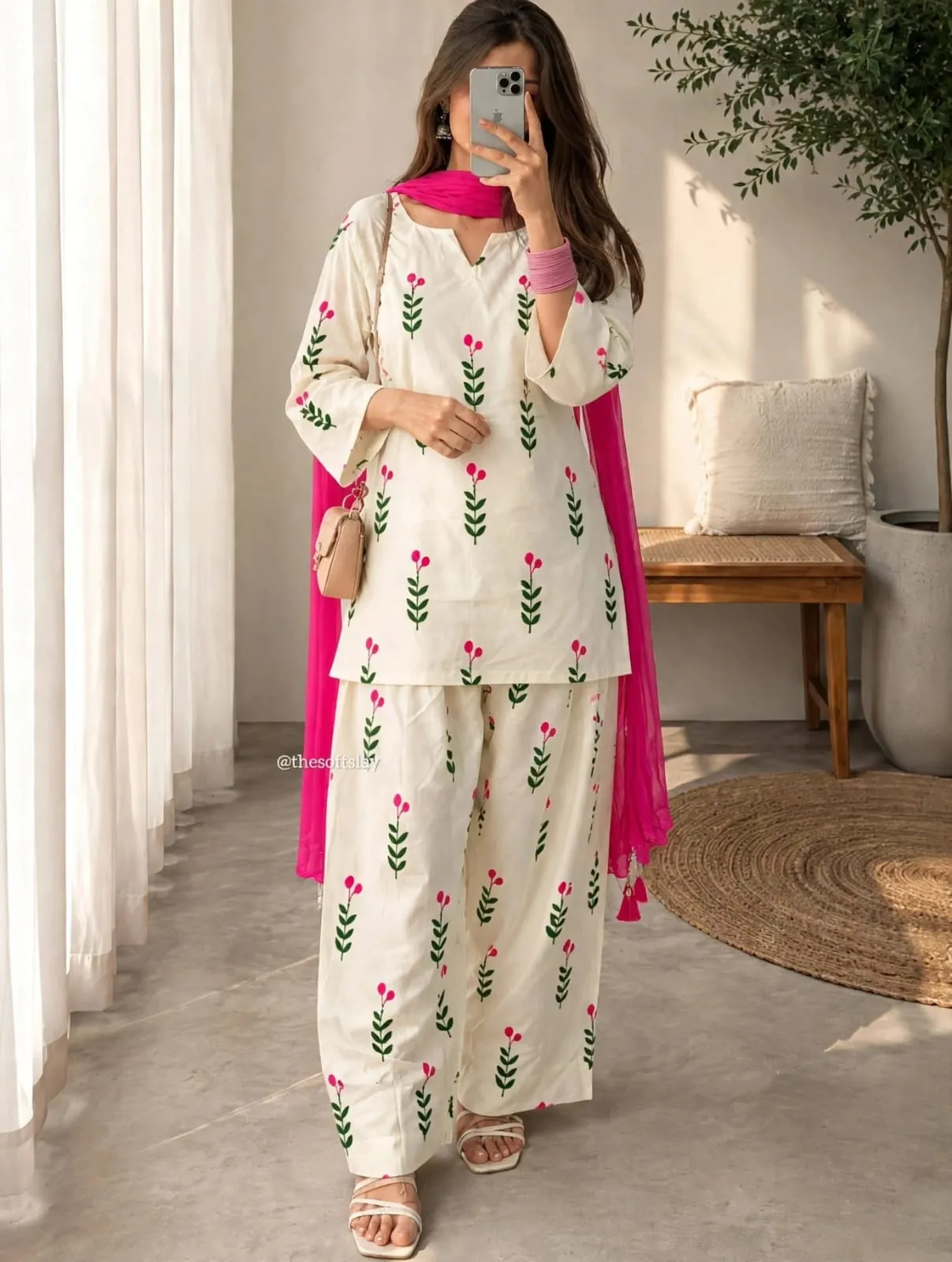 Pure Cotton 60s Jaipuri Floral Print Short Kurti with Farshi Salwar & Dupatta Set – 3-Piece Ethnic Suit with Pocket & Back Dori Detailing