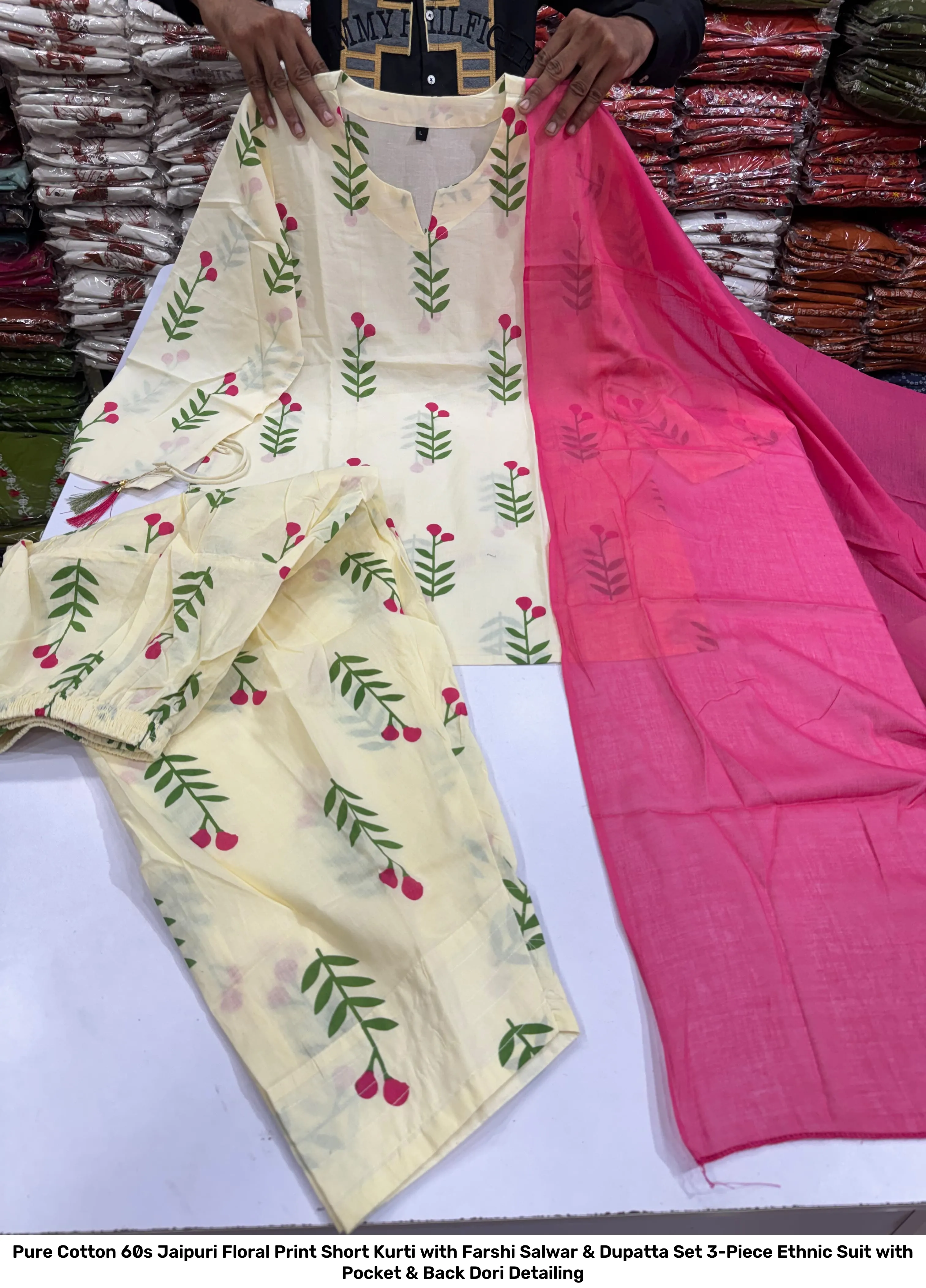 Pure Cotton 60s Jaipuri Floral Print Short Kurti with Farshi Salwar & Dupatta Set – 3-Piece Ethnic Suit with Pocket & Back Dori Detailing 10