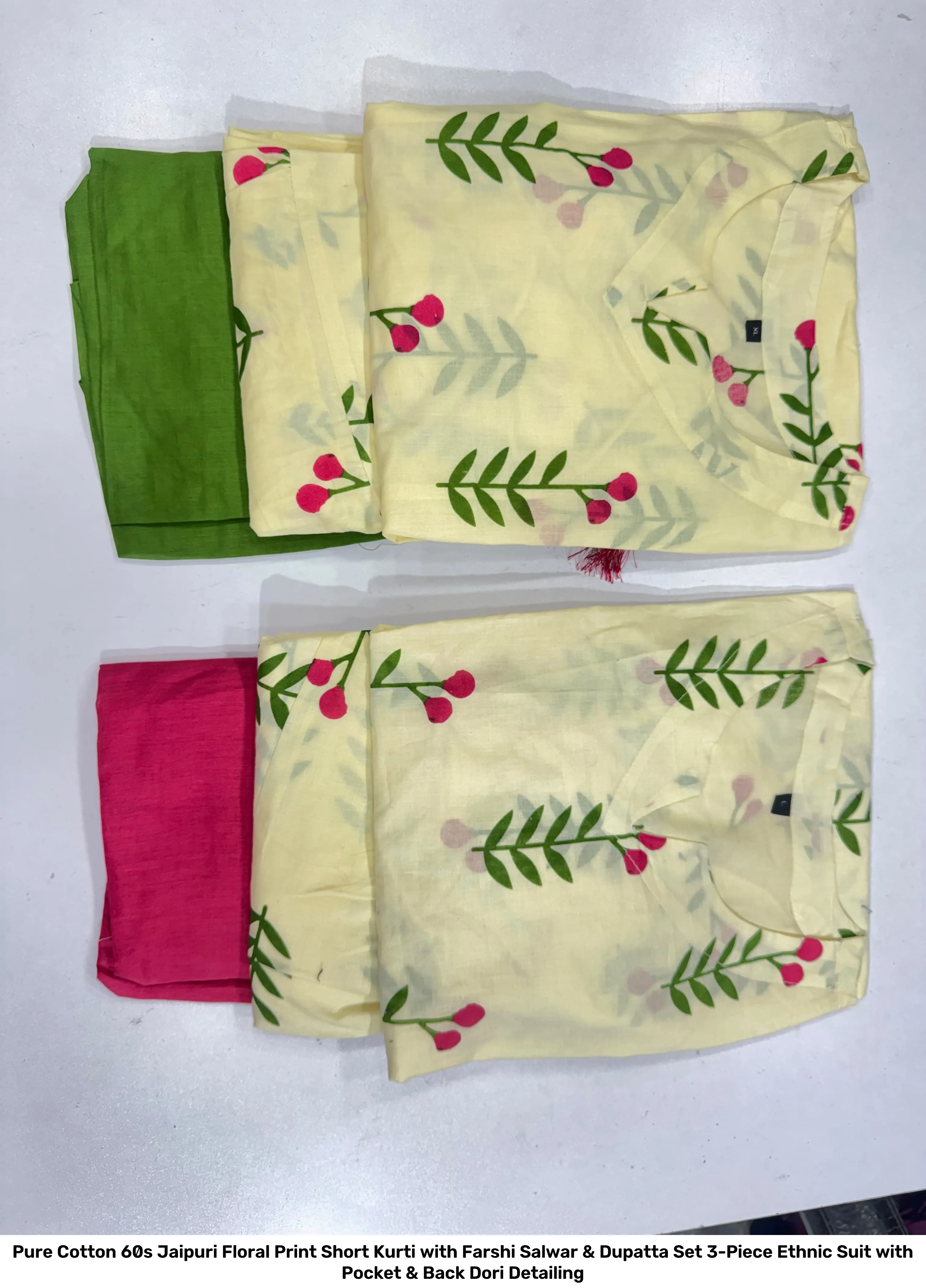 Pure Cotton 60s Jaipuri Floral Print Short Kurti with Farshi Salwar & Dupatta Set – 3-Piece Ethnic Suit with Pocket & Back Dori Detailing 11