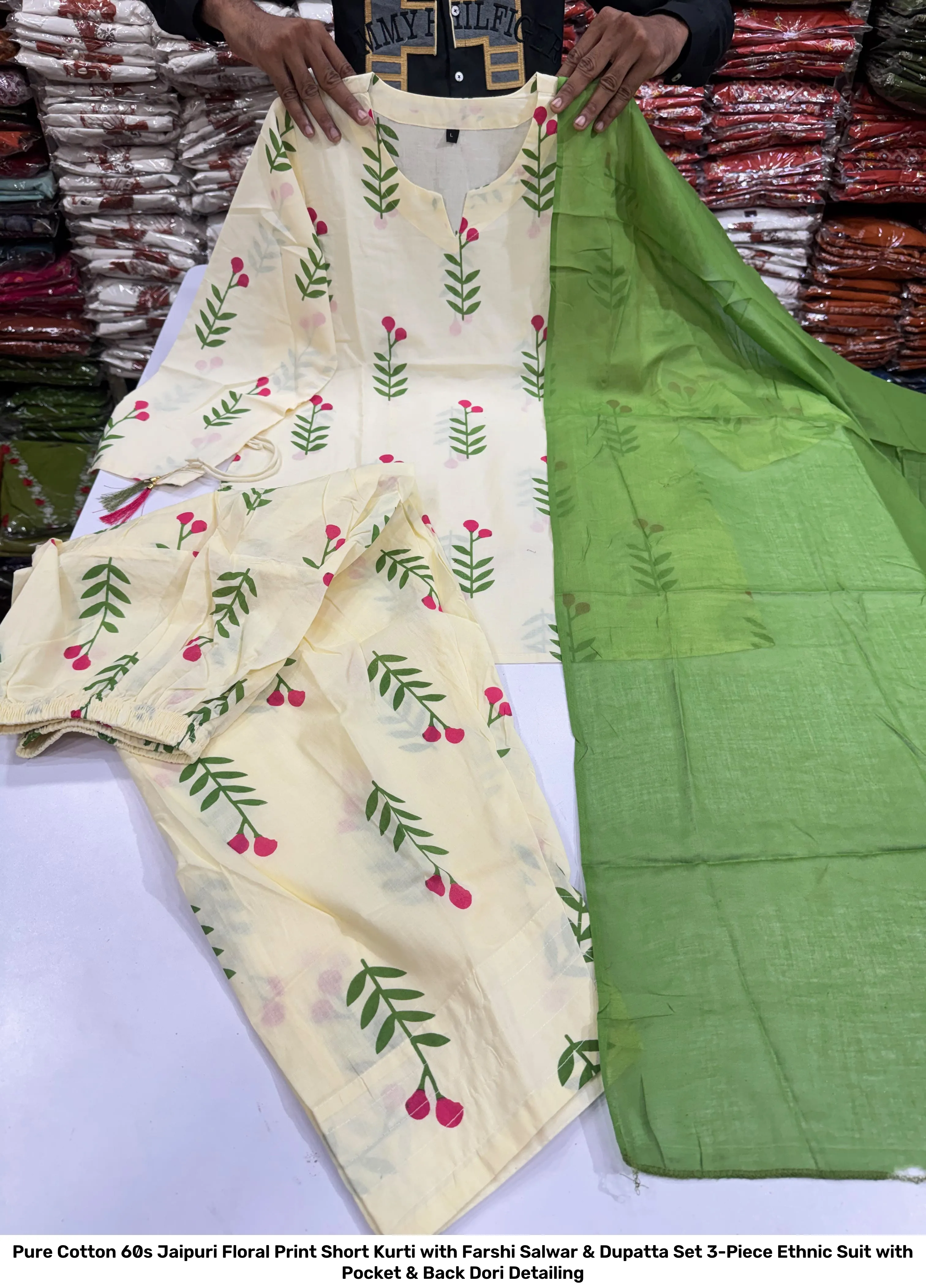 Pure Cotton 60s Jaipuri Floral Print Short Kurti with Farshi Salwar & Dupatta Set – 3-Piece Ethnic Suit with Pocket & Back Dori Detailing 2