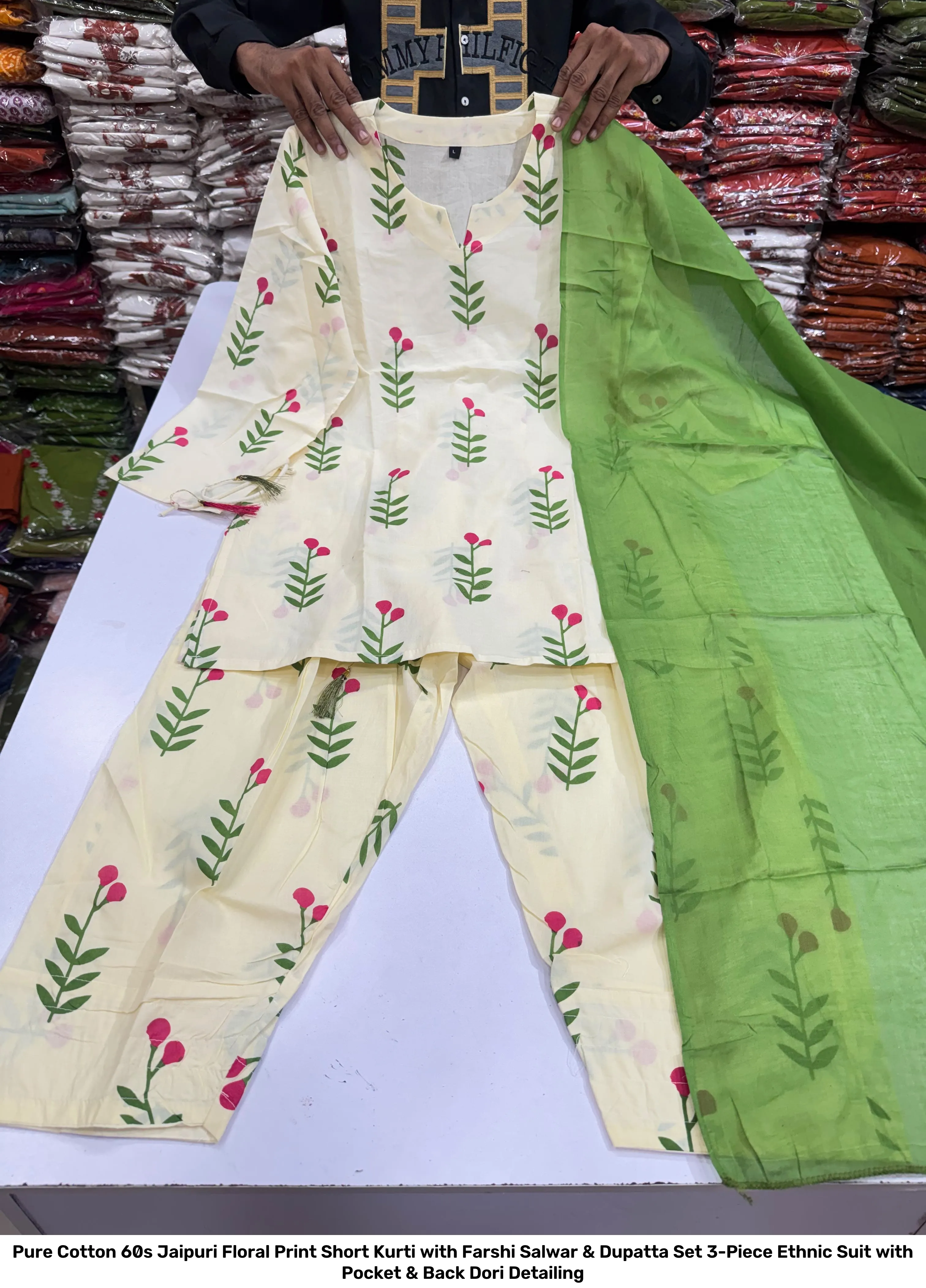 Pure Cotton 60s Jaipuri Floral Print Short Kurti with Farshi Salwar & Dupatta Set – 3-Piece Ethnic Suit with Pocket & Back Dori Detailing 3