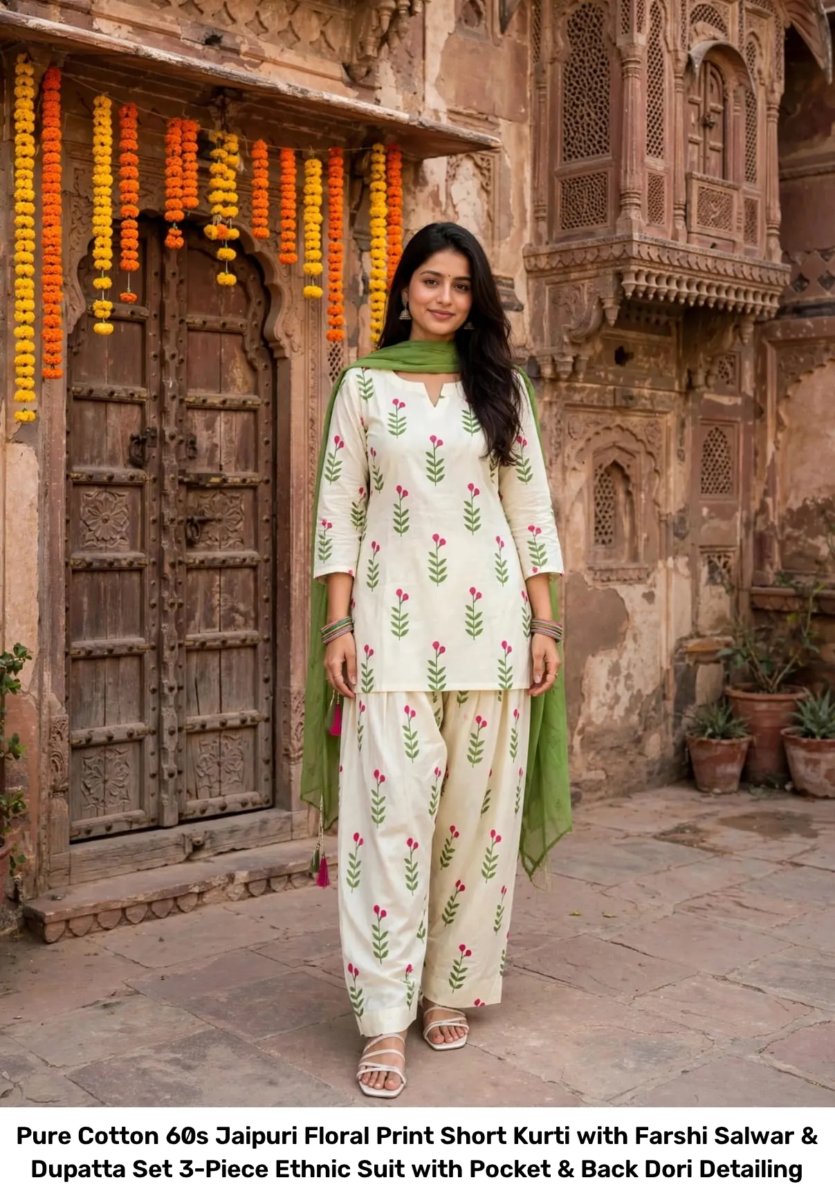 Pure Cotton 60s Jaipuri Floral Print Short Kurti with Farshi Salwar & Dupatta Set – 3-Piece Ethnic Suit with Pocket & Back Dori Detailing 4
