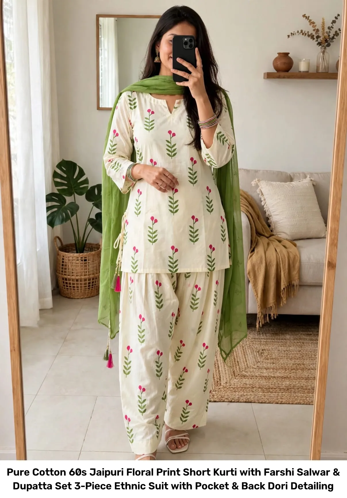 Pure Cotton 60s Jaipuri Floral Print Short Kurti with Farshi Salwar & Dupatta Set – 3-Piece Ethnic Suit with Pocket & Back Dori Detailing 5
