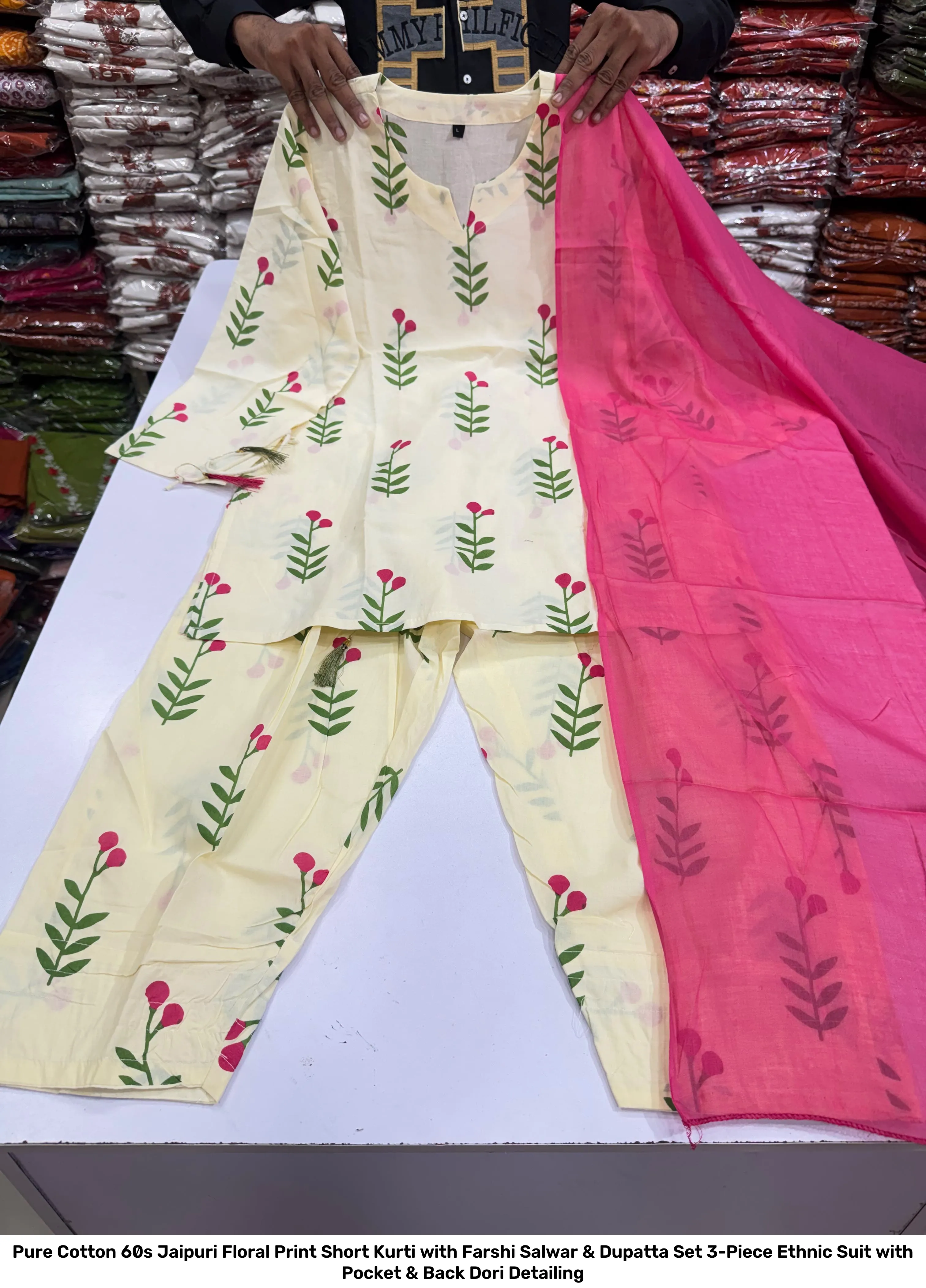 Pure Cotton 60s Jaipuri Floral Print Short Kurti with Farshi Salwar & Dupatta Set – 3-Piece Ethnic Suit with Pocket & Back Dori Detailing 6