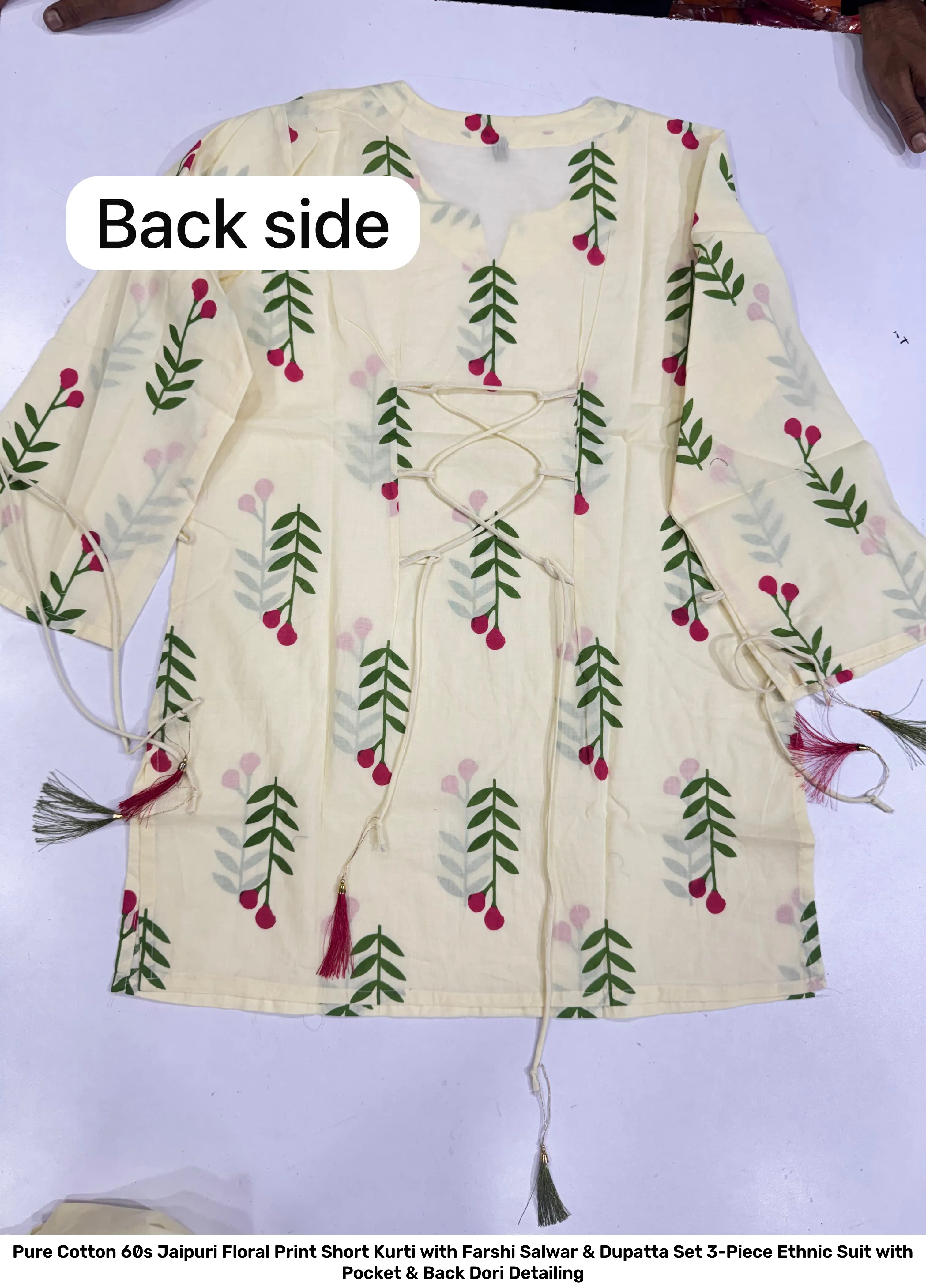 Pure Cotton 60s Jaipuri Floral Print Short Kurti with Farshi Salwar & Dupatta Set – 3-Piece Ethnic Suit with Pocket & Back Dori Detailing 7