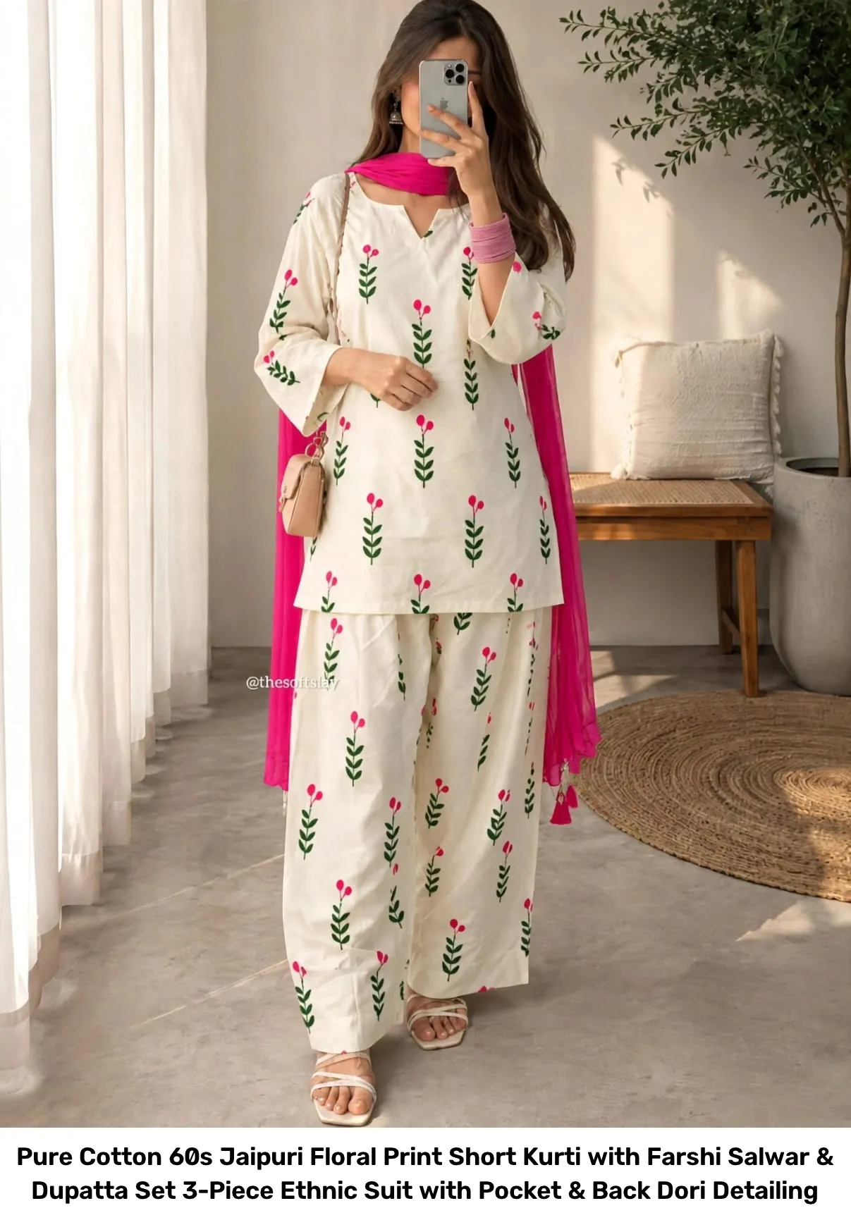 Pure Cotton 60s Jaipuri Floral Print Short Kurti with Farshi Salwar & Dupatta Set – 3-Piece Ethnic Suit with Pocket & Back Dori Detailing 8