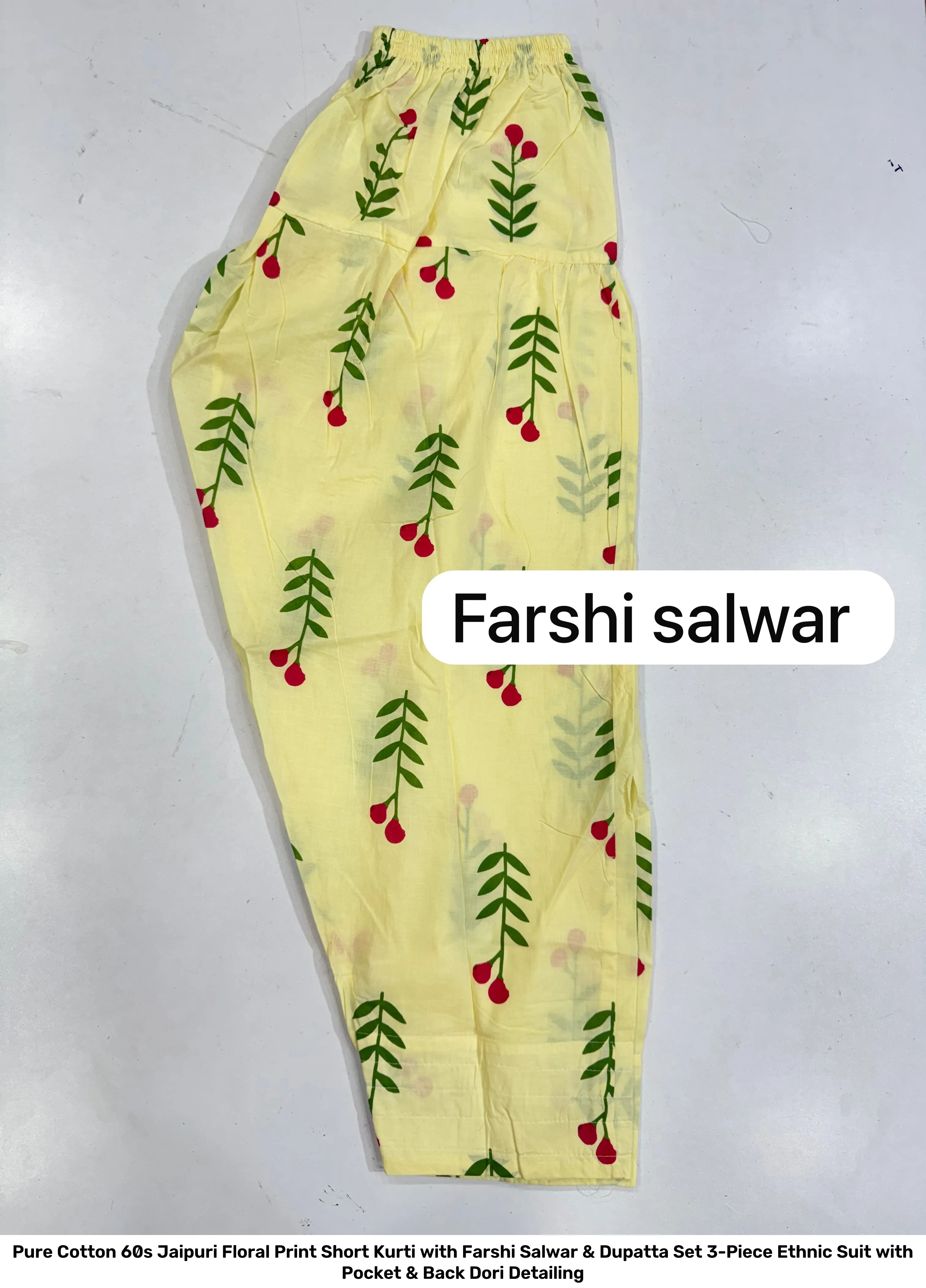 Pure Cotton 60s Jaipuri Floral Print Short Kurti with Farshi Salwar & Dupatta Set – 3-Piece Ethnic Suit with Pocket & Back Dori Detailing 9