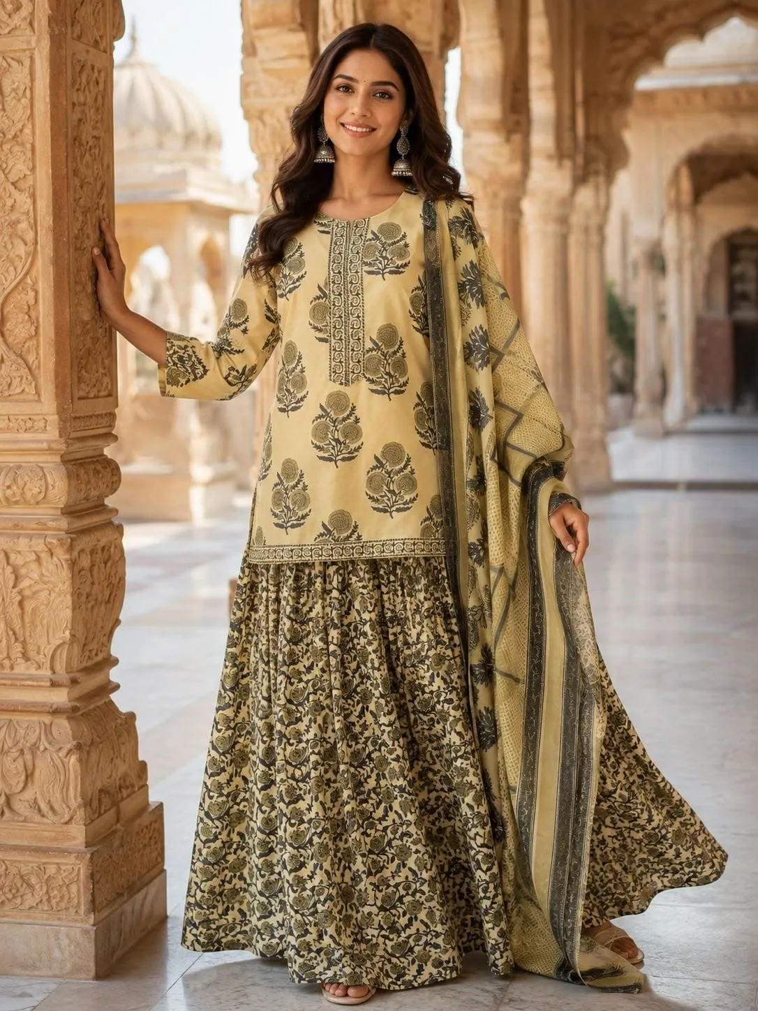 Pure Cotton 60x60 Gopi Dress Set | Floral Block Print Short Kurti with Heavy Flared Skirt & Mal Dupatta (M–XXL)