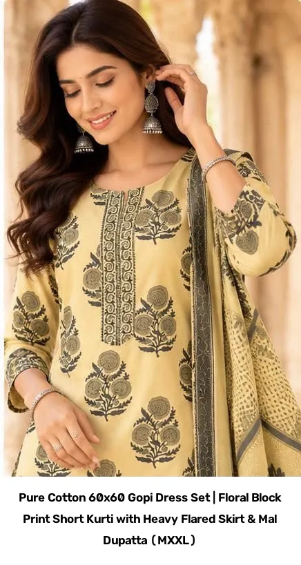 Pure Cotton 60x60 Gopi Dress Set | Floral Block Print Short Kurti with Heavy Flared Skirt & Mal Dupatta (M–XXL) 2