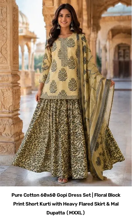 Pure Cotton 60x60 Gopi Dress Set | Floral Block Print Short Kurti with Heavy Flared Skirt & Mal Dupatta (M–XXL) 3