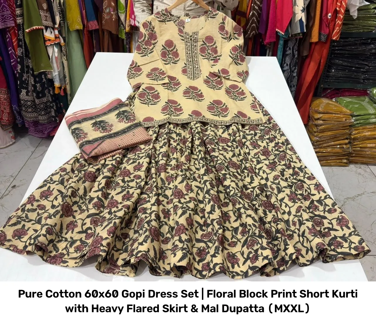 Pure Cotton 60x60 Gopi Dress Set | Floral Block Print Short Kurti with Heavy Flared Skirt & Mal Dupatta (M–XXL) 4