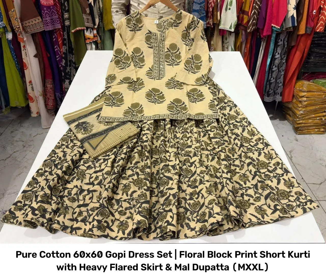 Pure Cotton 60x60 Gopi Dress Set | Floral Block Print Short Kurti with Heavy Flared Skirt & Mal Dupatta (M–XXL) 5
