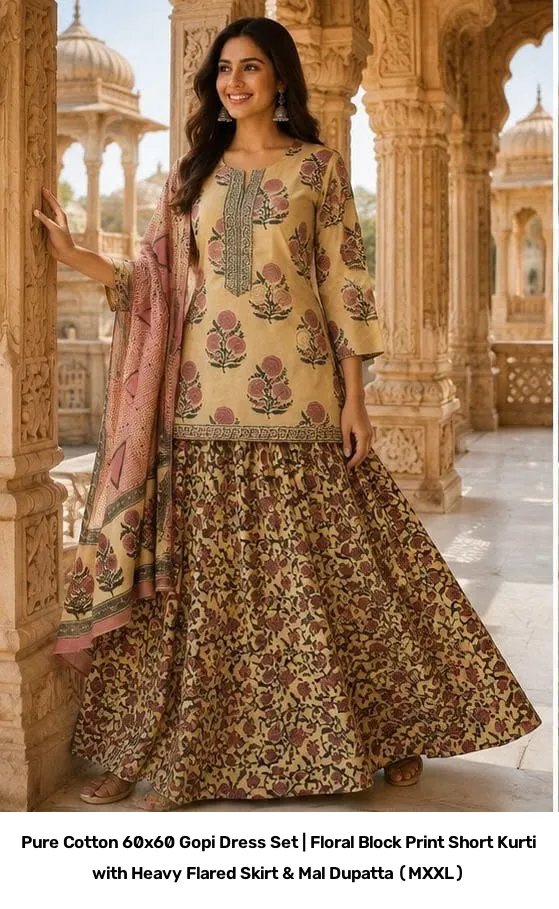 Pure Cotton 60x60 Gopi Dress Set | Floral Block Print Short Kurti with Heavy Flared Skirt & Mal Dupatta (M–XXL) 6