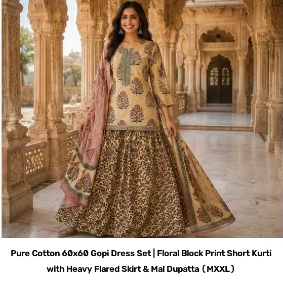 Pure Cotton 60x60 Gopi Dress Set | Floral Block Print Short Kurti with Heavy Flared Skirt & Mal Dupatta (M–XXL) 7