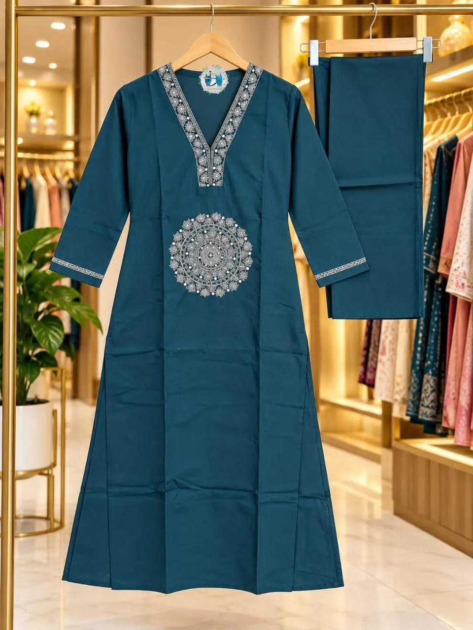 Pure Cotton A-Line Embroidered Kurti Pant Set