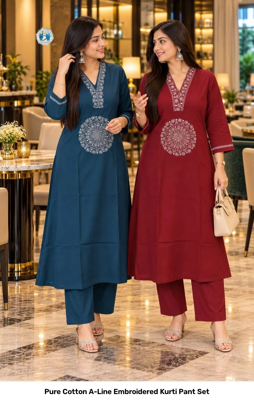 Pure Cotton A-Line Embroidered Kurti Pant Set 2