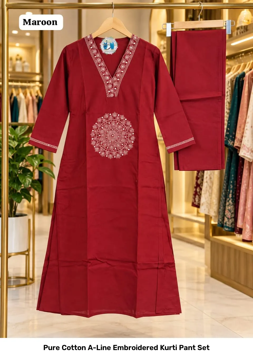 Pure Cotton A-Line Embroidered Kurti Pant Set 3