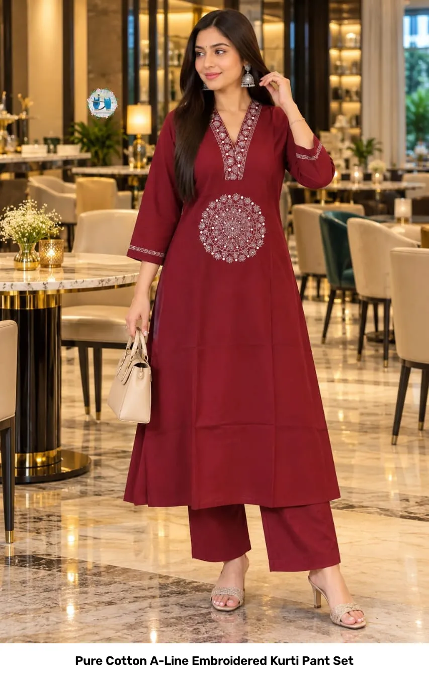 Pure Cotton A-Line Embroidered Kurti Pant Set 4