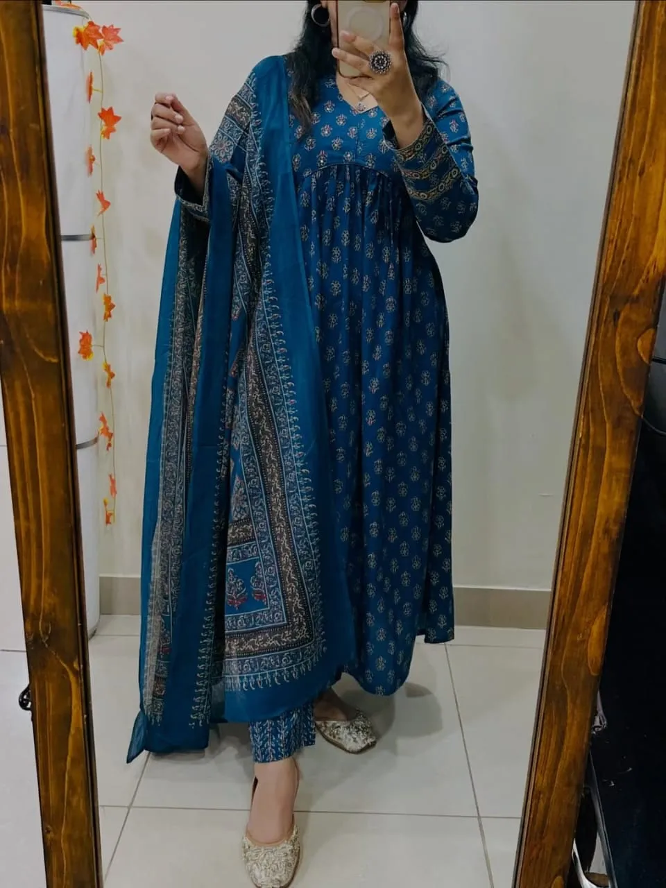Pure Cotton Ajrakh Print Anarkali Kurti Pant Set with Sequin Yoke Work & Tasseled Dupatta (3-Piece Suit) 1