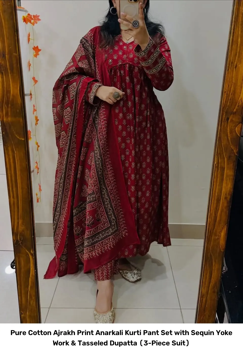 Pure Cotton Ajrakh Print Anarkali Kurti Pant Set with Sequin Yoke Work & Tasseled Dupatta (3-Piece Suit) 10