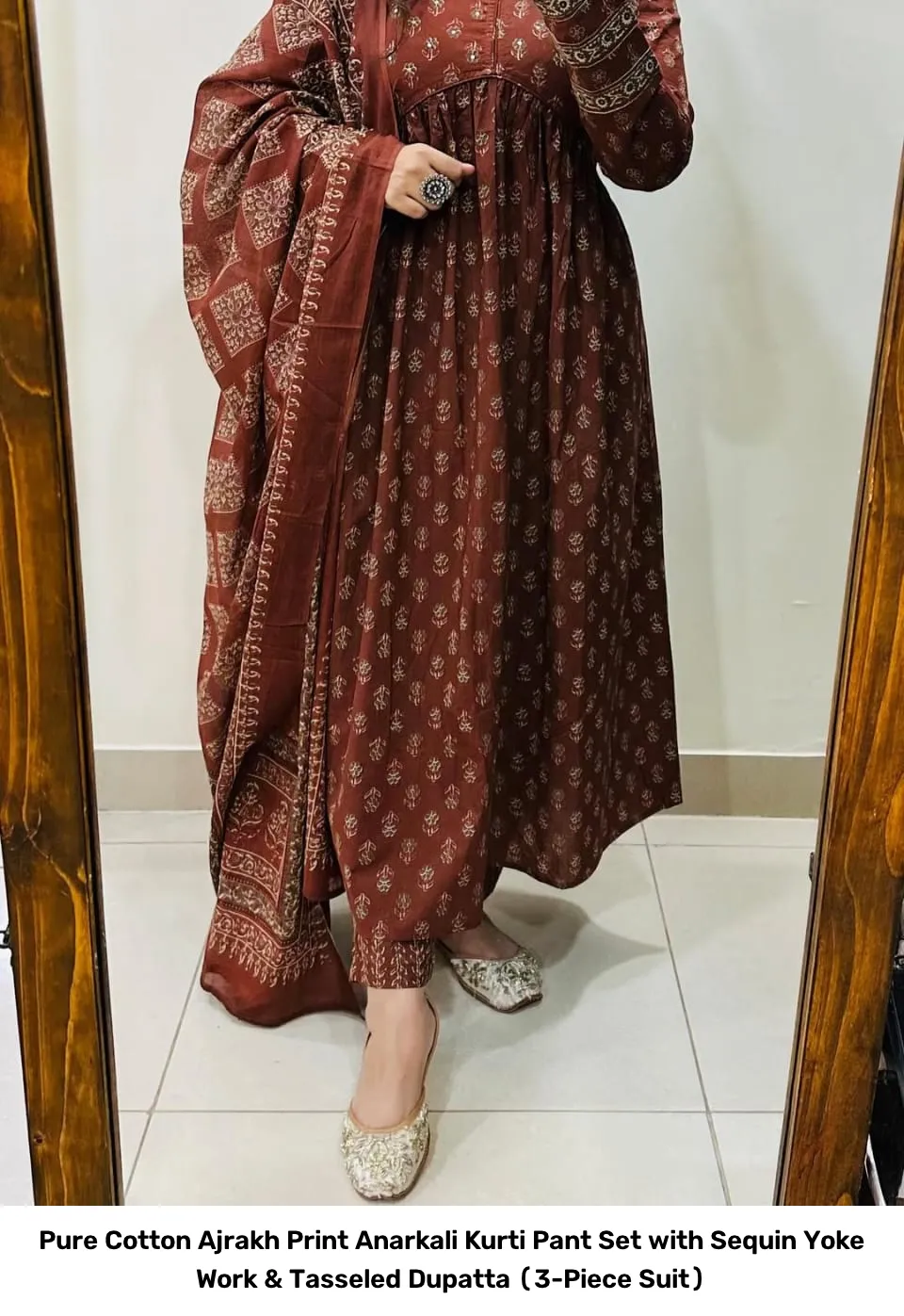 Pure Cotton Ajrakh Print Anarkali Kurti Pant Set with Sequin Yoke Work & Tasseled Dupatta (3-Piece Suit) 11