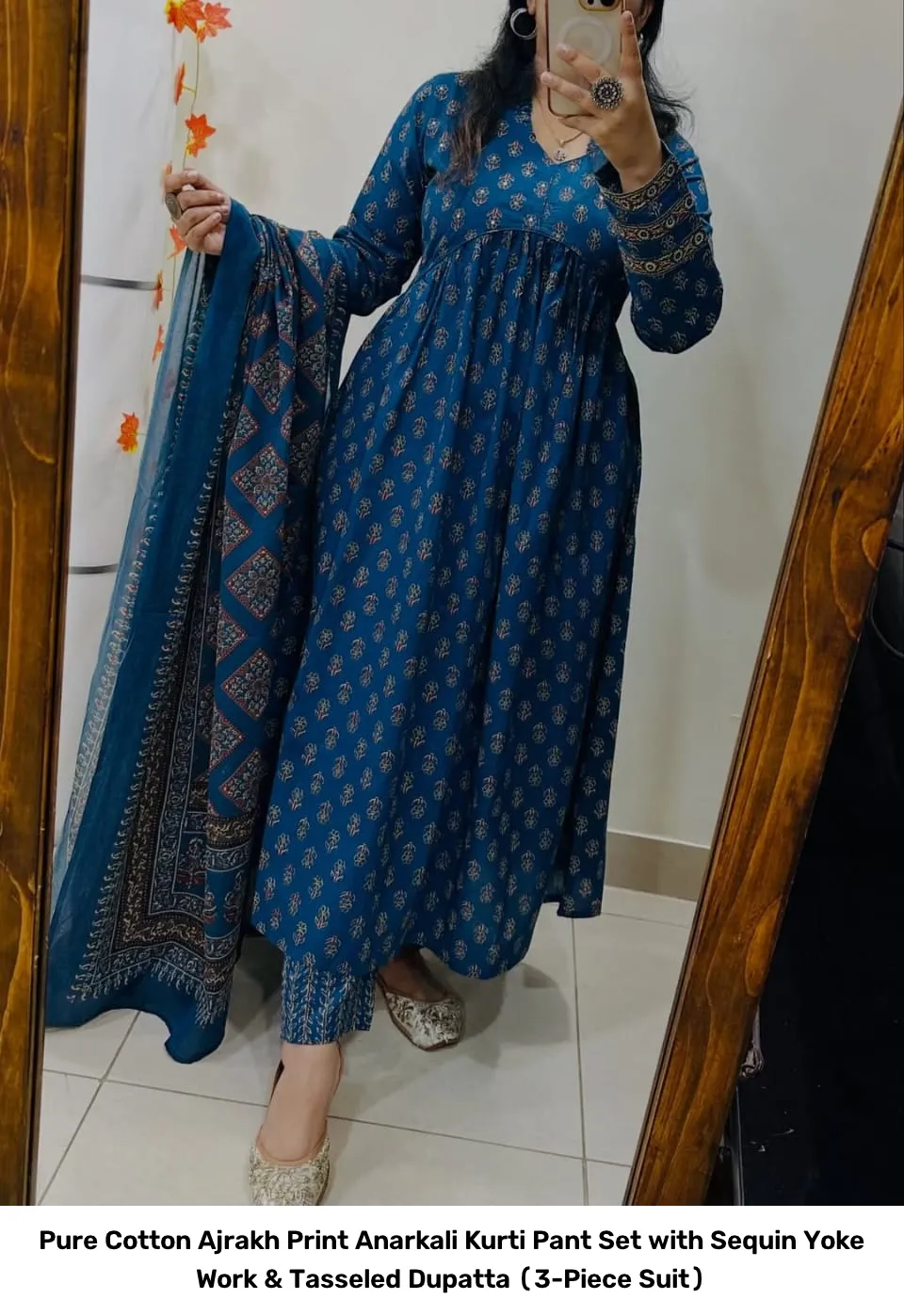 Pure Cotton Ajrakh Print Anarkali Kurti Pant Set with Sequin Yoke Work & Tasseled Dupatta (3-Piece Suit) 12