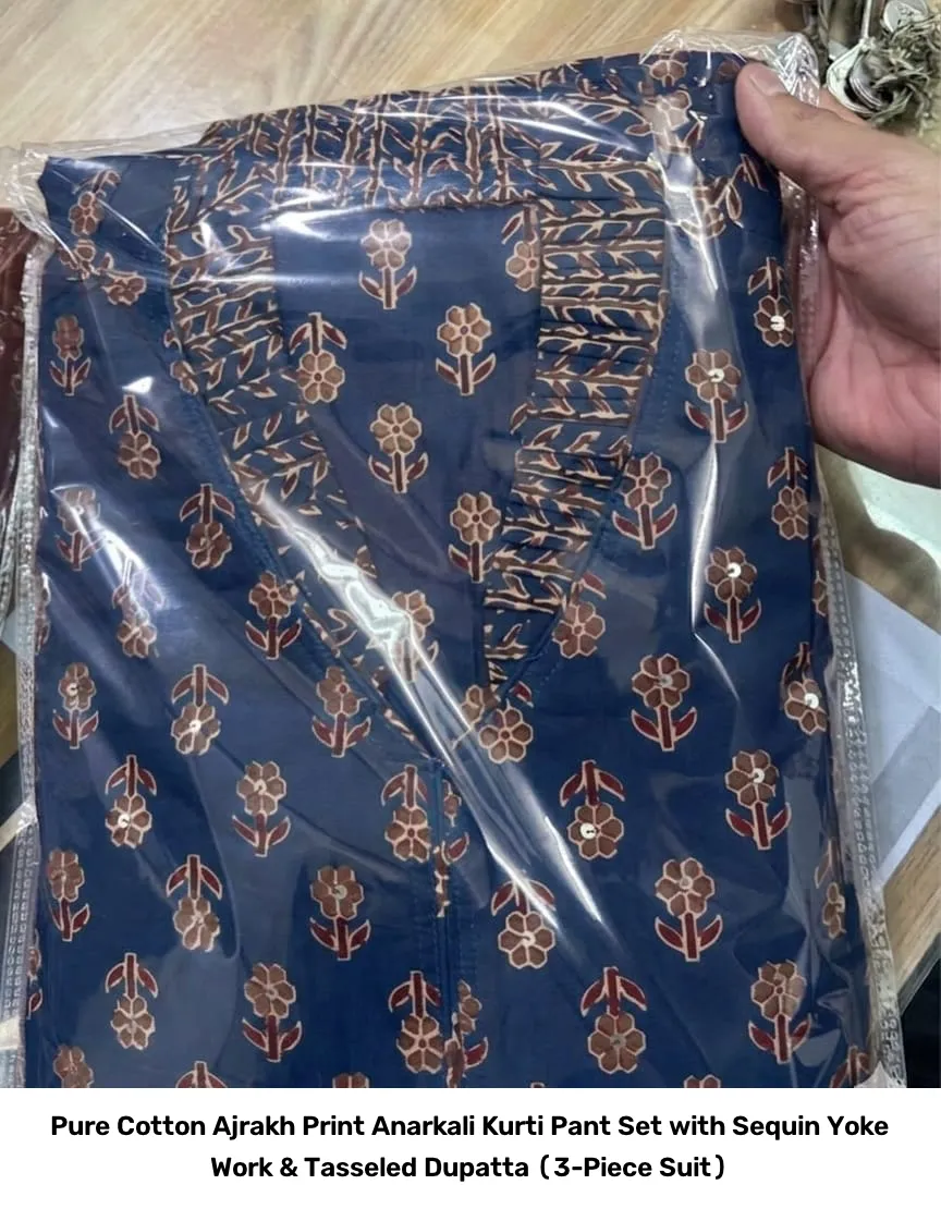 Pure Cotton Ajrakh Print Anarkali Kurti Pant Set with Sequin Yoke Work & Tasseled Dupatta (3-Piece Suit) 14