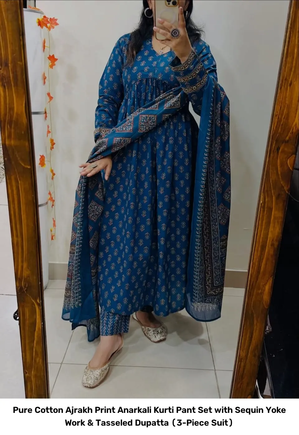 Pure Cotton Ajrakh Print Anarkali Kurti Pant Set with Sequin Yoke Work & Tasseled Dupatta (3-Piece Suit) 18
