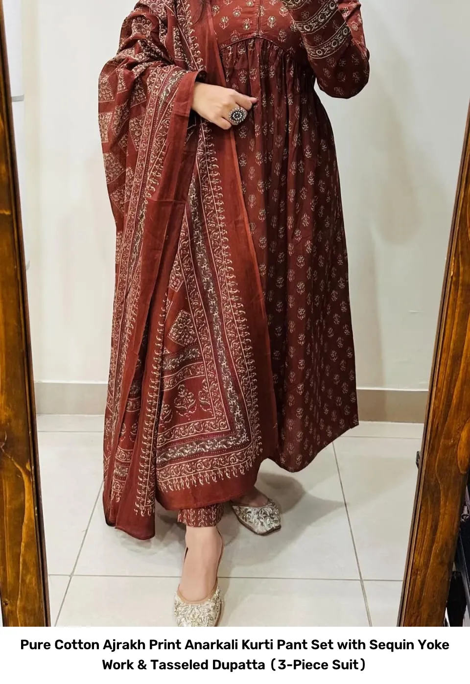 Pure Cotton Ajrakh Print Anarkali Kurti Pant Set with Sequin Yoke Work & Tasseled Dupatta (3-Piece Suit) 19