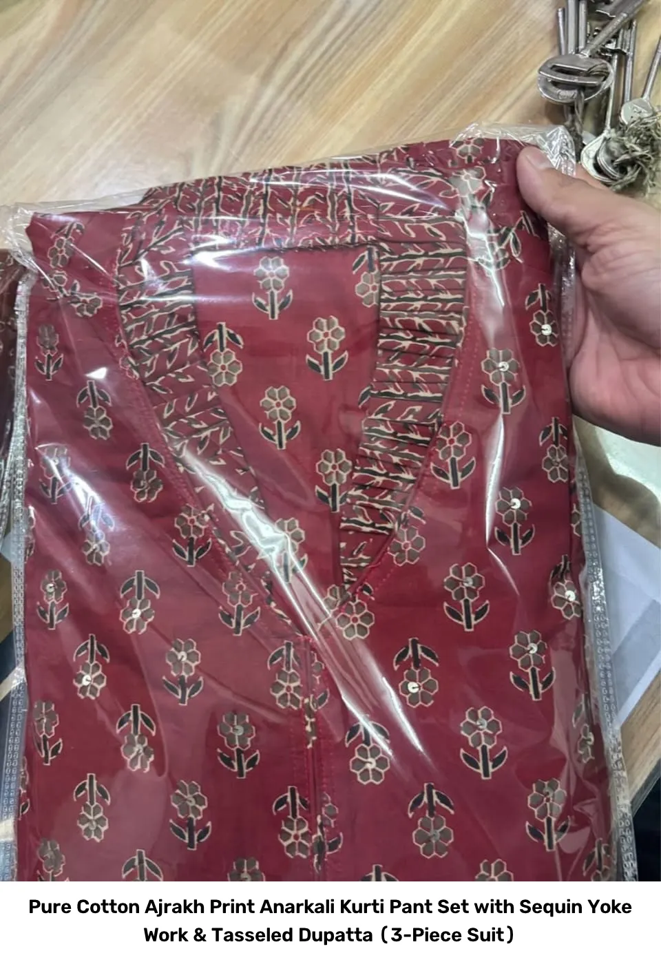 Pure Cotton Ajrakh Print Anarkali Kurti Pant Set with Sequin Yoke Work & Tasseled Dupatta (3-Piece Suit) 2