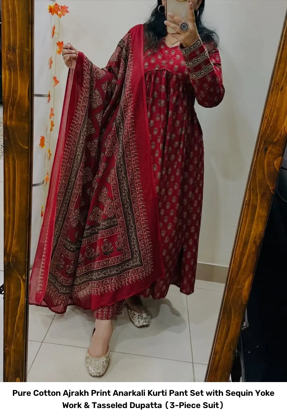 Pure Cotton Ajrakh Print Anarkali Kurti Pant Set with Sequin Yoke Work & Tasseled Dupatta (3-Piece Suit) 21