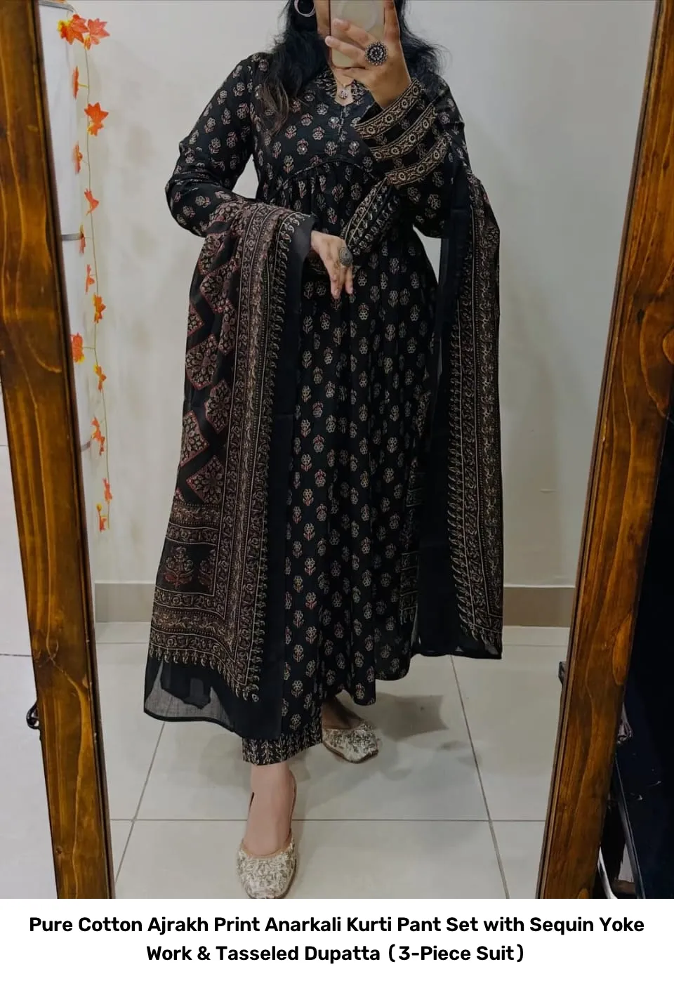 Pure Cotton Ajrakh Print Anarkali Kurti Pant Set with Sequin Yoke Work & Tasseled Dupatta (3-Piece Suit) 22