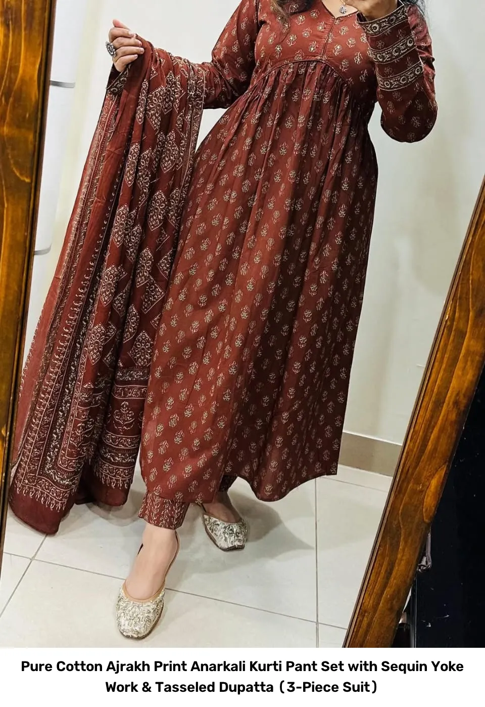 Pure Cotton Ajrakh Print Anarkali Kurti Pant Set with Sequin Yoke Work & Tasseled Dupatta (3-Piece Suit) 23
