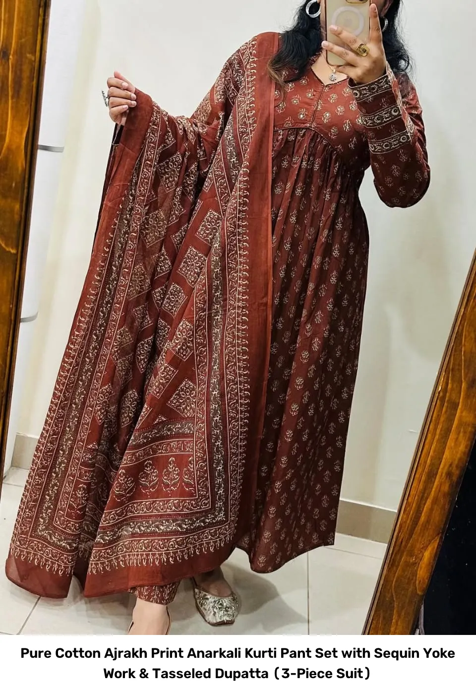 Pure Cotton Ajrakh Print Anarkali Kurti Pant Set with Sequin Yoke Work & Tasseled Dupatta (3-Piece Suit) 3