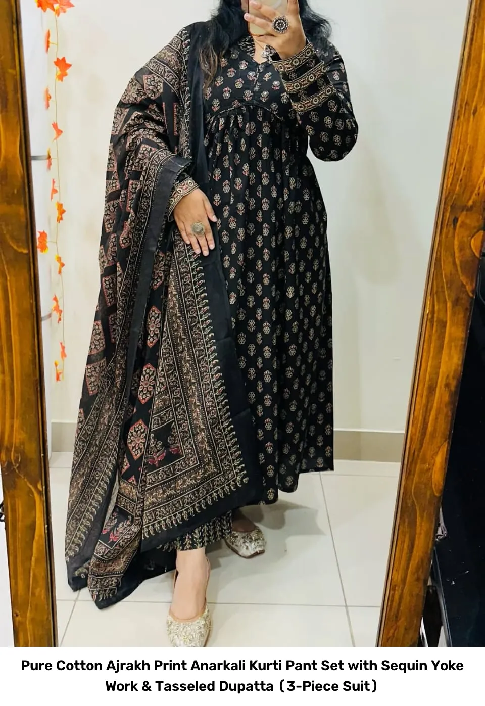 Pure Cotton Ajrakh Print Anarkali Kurti Pant Set with Sequin Yoke Work & Tasseled Dupatta (3-Piece Suit) 4