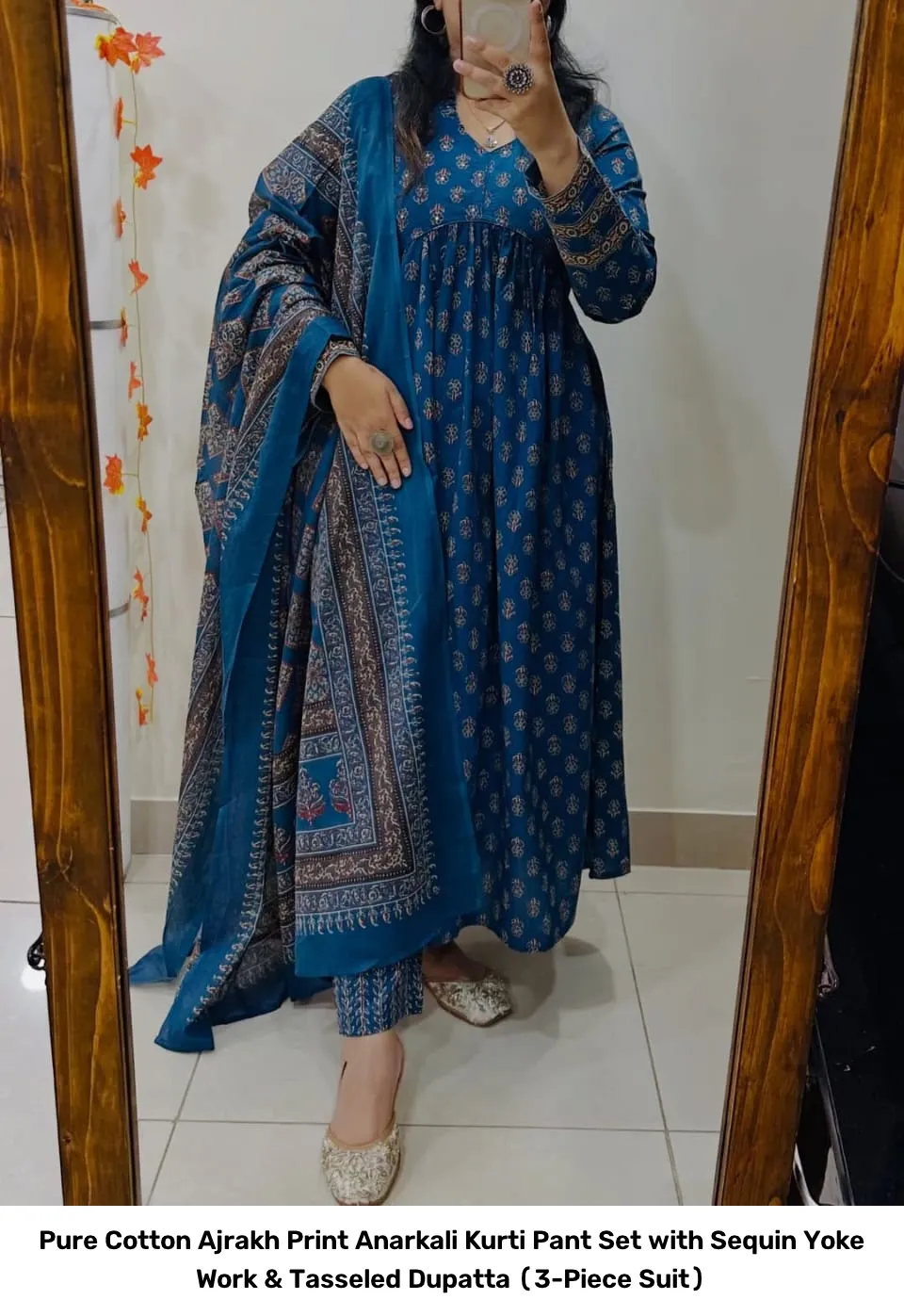 Pure Cotton Ajrakh Print Anarkali Kurti Pant Set with Sequin Yoke Work & Tasseled Dupatta (3-Piece Suit) 5