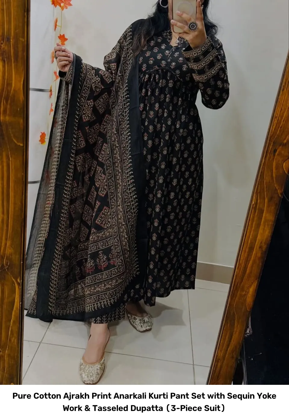Pure Cotton Ajrakh Print Anarkali Kurti Pant Set with Sequin Yoke Work & Tasseled Dupatta (3-Piece Suit) 6